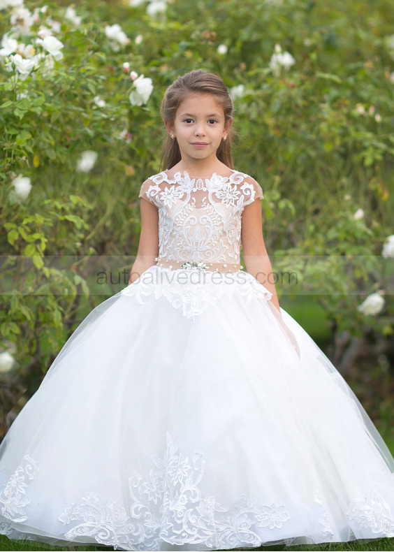 Cap Sleeves Ivory Lace Tulle Flower Girl Dress With Crystals Sash